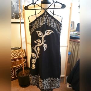 BCBGMaxazria linen blend black & cream midi high low dress w/ floral design 2